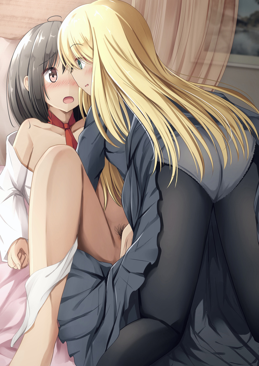 2girls ahoge black_dress black_hair black_legwear black_pubic_hair blonde_hair blush dress eye_contact eyebrows_visible_through_hair face-to-face female_pubic_hair fingering green_eyes highres kneeling long_hair looking_at_another lying medium_hair multiple_girls necktie on_back on_bed open_clothes open_mouth open_shirt original panties pantyhose parted_lips pubic_hair red_eyes sure_ibu underwear yuri