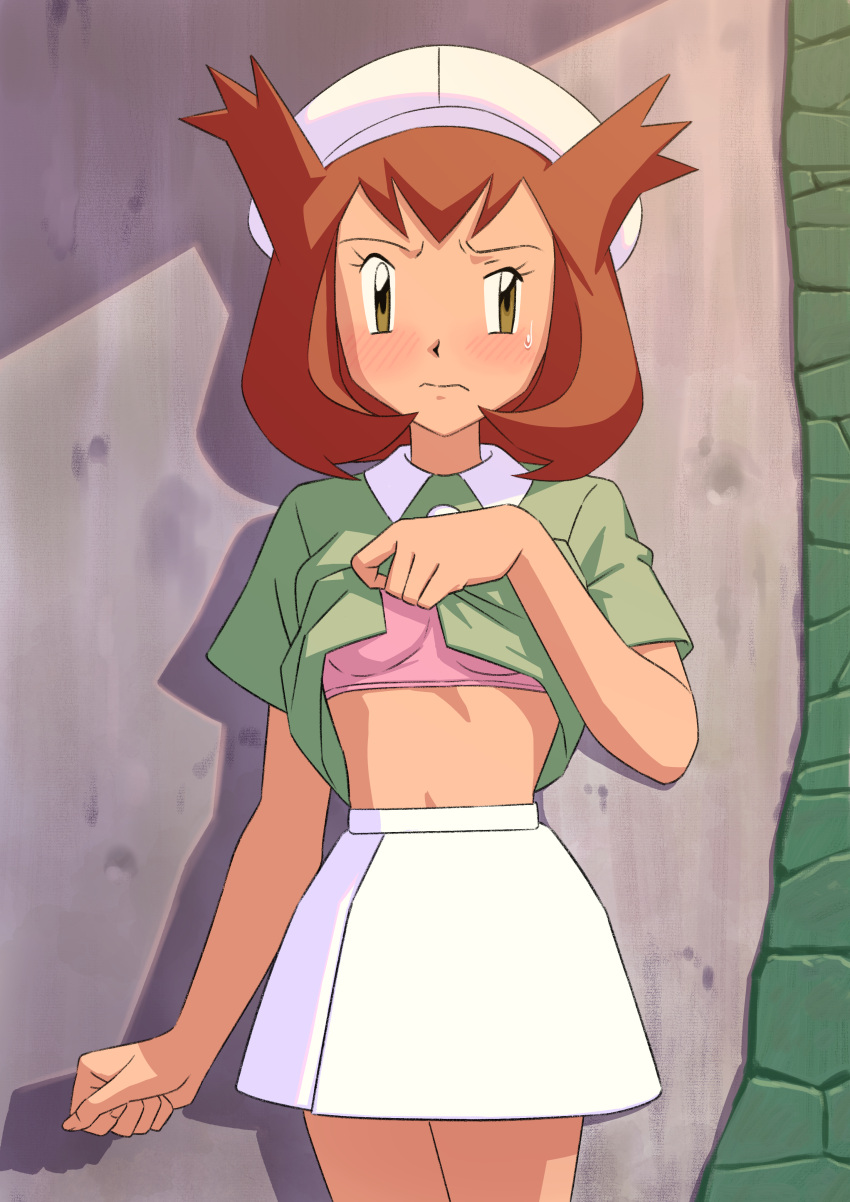 1girl absurdres beret bianca_(pokemon_heroes) blush bra breasts brown_eyes brown_hair clenched_hand closed_mouth clothes_lift commentary_request cowboy_shot day eyelashes frown green_shirt half-closed_eye hat highres lifted_by_self miraa_(chikurin) outdoors pink_bra pokemon pokemon_(anime) pokemon_(classic_anime) pokemon_heroes:_latios_&amp;_latias shirt shirt_lift short_sleeves skirt solo sweatdrop two_side_up underwear white_hat white_skirt