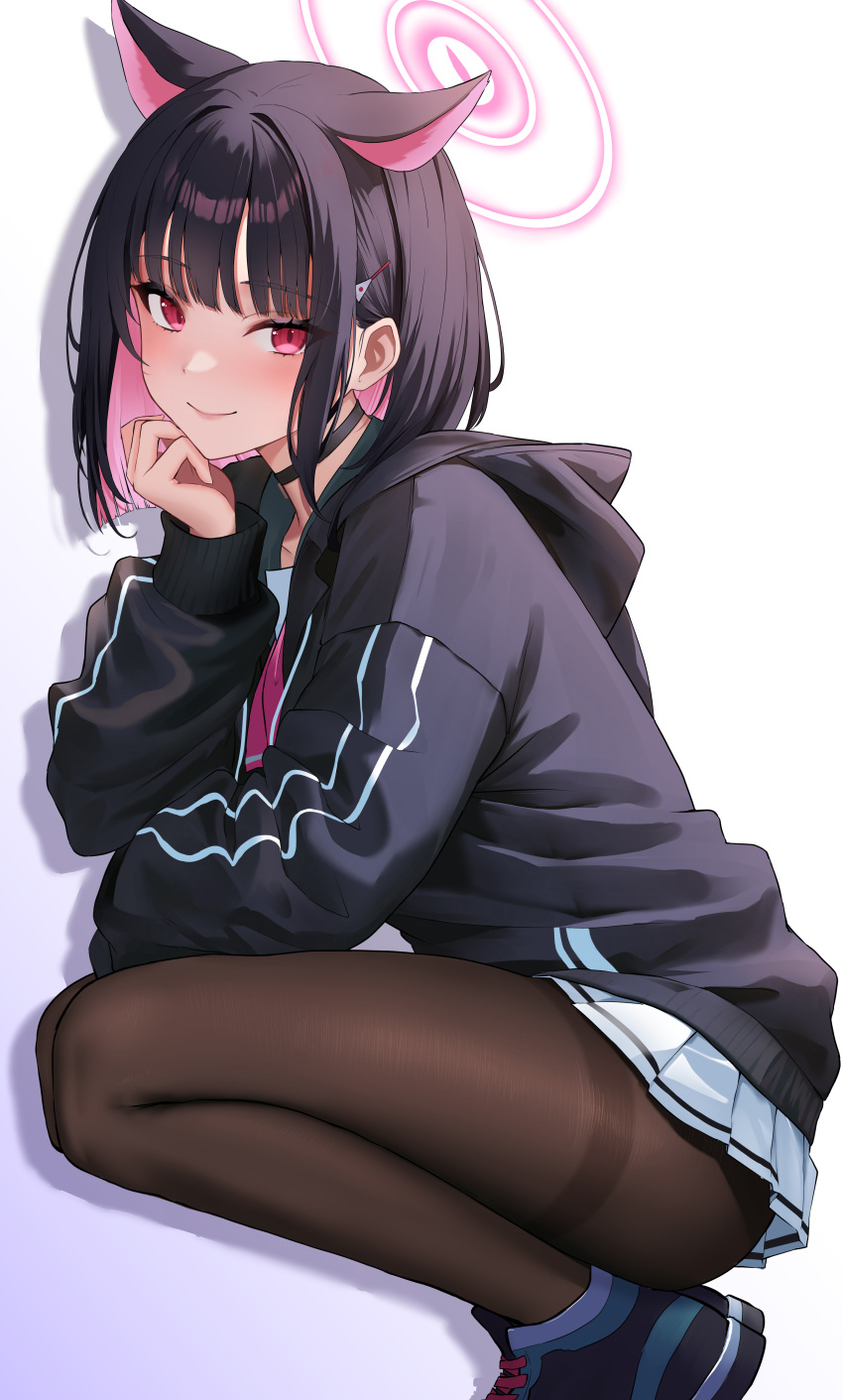 1girl absurdres animal_ears black_choker black_hair black_jacket black_pantyhose blue_archive blush cat_ears cat_girl choker closed_mouth colored_inner_hair commentary_request extra_ears from_side hair_ornament hairclip halo head_rest highres hirahiragi_(h1rqg1) hood hooded_jacket jacket kazusa_(blue_archive) long_sleeves looking_at_viewer multicolored_hair neckerchief pantyhose pink_eyes pink_hair pink_halo pink_neckerchief pleated_skirt puffy_long_sleeves puffy_sleeves short_hair simple_background skirt smile solo squatting thighband_pantyhose white_background white_skirt