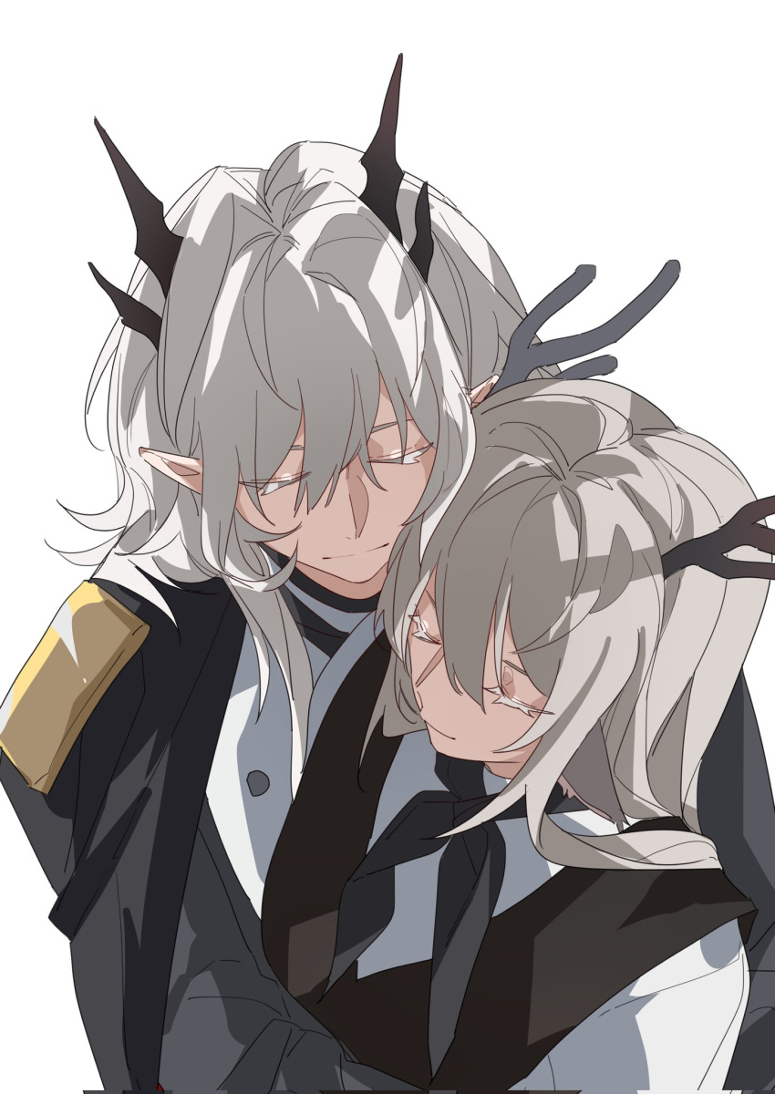 2girls alina_(arknights) animal_ears antlers arknights black_cape black_dress black_neckerchief cape closed_eyes closed_mouth commentary corrupted_twitter_file deer_antlers deer_ears dress epaulettes grey_hair heads_together highres horns hug long_hair molu_stranger multiple_girls neckerchief shirt simple_background smile talulah_(arknights) upper_body white_background white_shirt yuri