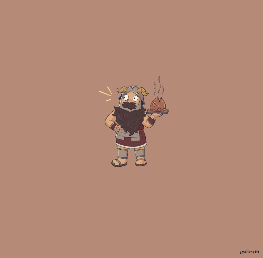 1boy beard brown_background brown_hair brown_theme dungeon_meshi dwarf facial_hair fake_horns fish_food full_body hand_on_own_hip helmet highres holding holding_plate horned_helmet horns long_beard male_focus negative_space notice_lines plate senshi_(dungeon_meshi) smallpapers solo standing steam thick_mustache very_long_beard x_x