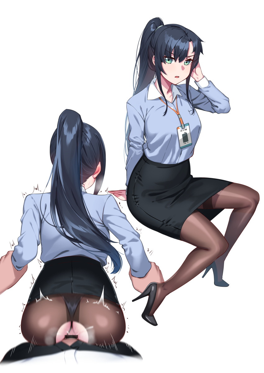 1girl absurdres arm_grab arm_held_back black_hair black_pantyhose breasts censored collared_shirt formal grabbing green_eyes hetero hiememiko high-waist_skirt highres holding_another's_wrist id_card office_lady original pantyhose pencil_skirt penis ponytail sex sex_from_behind shirt skirt skirt_suit solo_focus suit vaginal