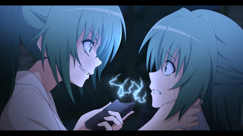 2girls absurdres blue_eyes blurry blurry_background commentary_request crazy crazy_eyes crazy_smile crying crying_with_eyes_open electricity eye_contact green_hair half_updo hand_up highres higurashi_no_naku_koro_ni long_hair looking_at_another multiple_girls nishizuki_shino parted_lips ponytail scared siblings sisters smile sonozaki_mion sonozaki_shion streaming_tears stun_gun tears twins v-shaped_eyebrows wide-eyed