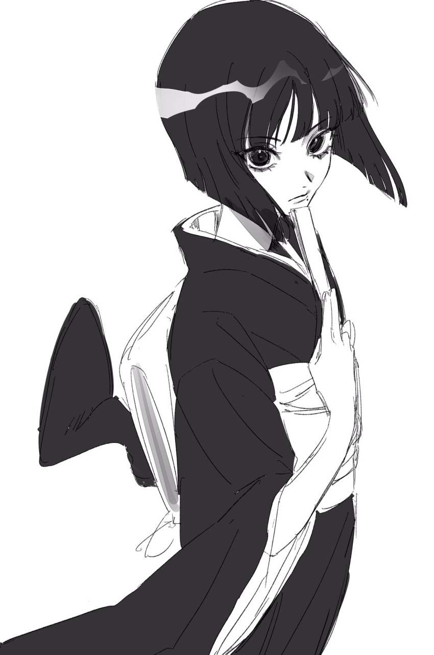 1boy androgynous black_kimono blunt_bangs blunt_ends blunt_tresses bob_cut eyelashes furisode furisode_sleeves greyscale hand_fan highres holding hunter_x_hunter japanese_clothes jiyuutyo_03 kalluto_zoldyck kimono looking_at_viewer mole mole_under_mouth monochrome obi sash