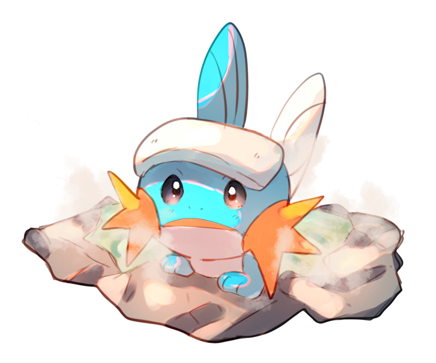 animal_focus blue_skin colored_skin commentary_request fins head_fins highres lxipceluceos5r6 mudkip no_humans onsen open_mouth pokemon pokemon_(creature) simple_background steam tail towel white_background