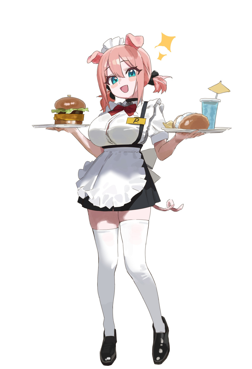 1girl absurdres animal_ears apron black_footwear black_skirt blue_eyes blush bow bowtie breasts burger button_gap cup food full_body hair_between_eyes highres holding large_breasts open_mouth original pig_ears pig_girl pig_tail pink_hair red_bow red_bowtie reverse_suspended_congress setakman shirt shoes short_twintails simple_background skirt solo sparkle standing suspenders tail thighhighs tray twintails waist_apron waitress white_background white_thighhighs