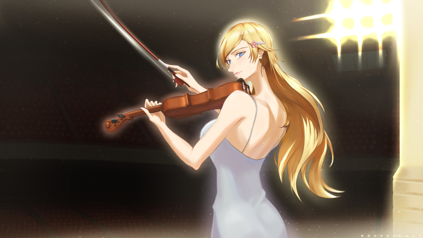 1girl absurdres artist_name blonde_hair blue_eyes blurry blurry_background bow_(music) dress english_commentary hair_ornament hairclip highres holding holding_instrument holding_violin indoors instrument miyazono_kawori music playing_instrument rezzealaux shigatsu_wa_kimi_no_uso solo standing violin