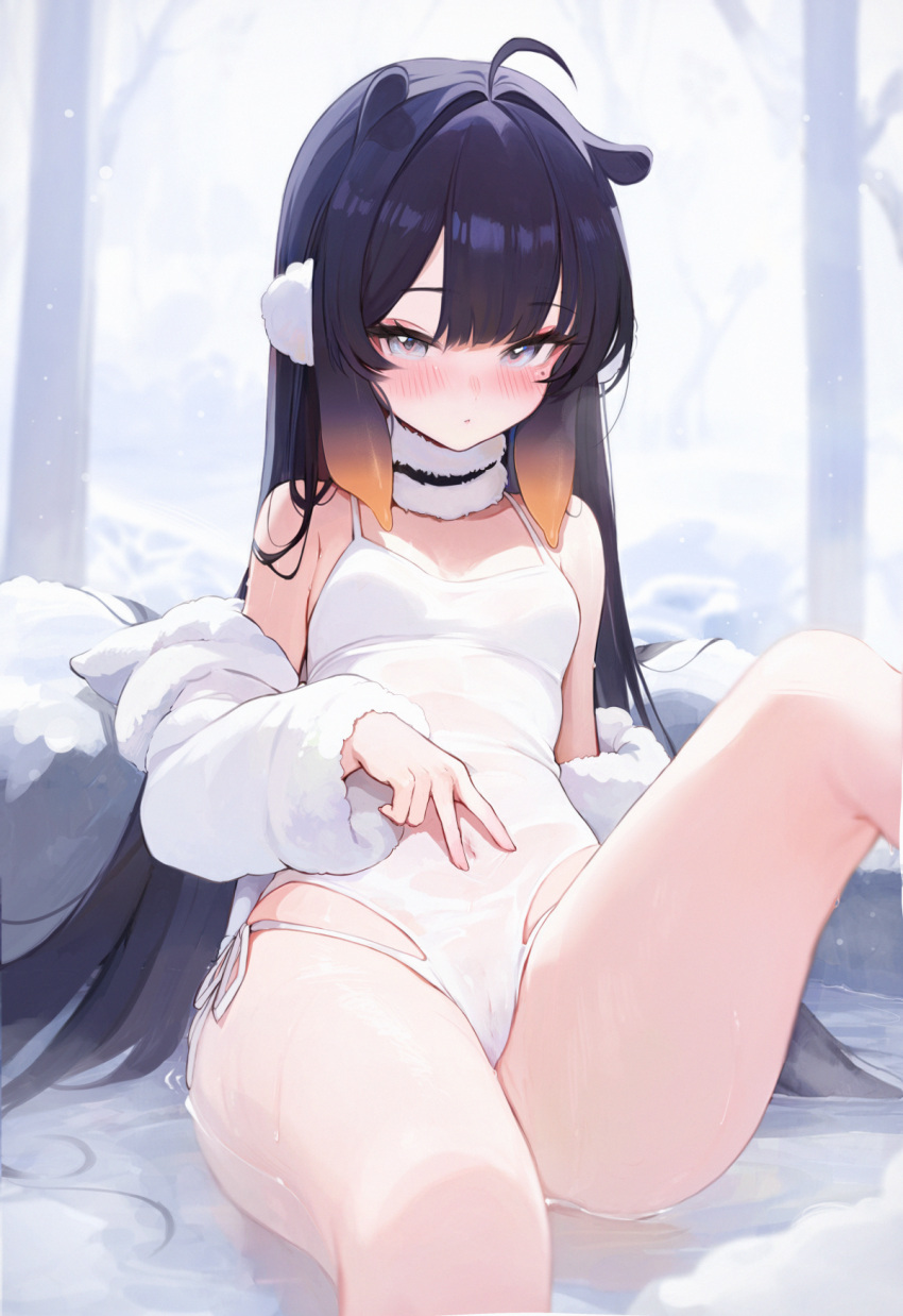 1girl alternate_costume bare_shoulders black_hair blush closed_mouth commentary covered_navel earmuffs english_commentary grey_eyes hand_on_own_stomach highres hololive hololive_english jacket knee_up koahri leotard long_sleeves looking_at_viewer mole mole_under_eye ninomae_ina'nis off_shoulder onsen open_clothes open_jacket orange_hair puffy_long_sleeves puffy_sleeves snow solo spread_navel tentacle_hair virtual_youtuber white_jacket white_leotard