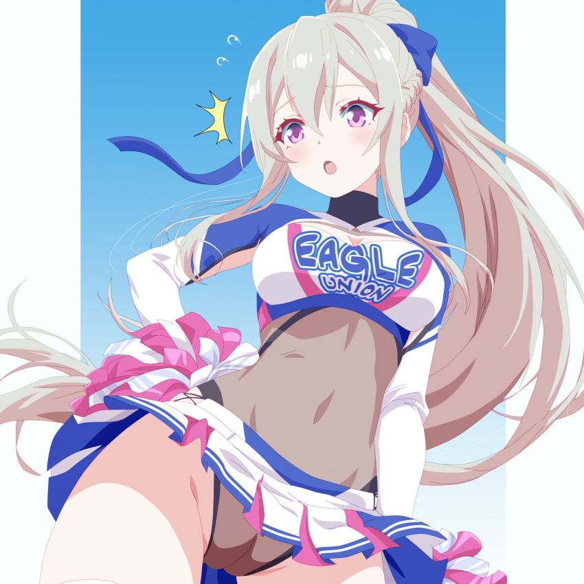 1girl arbiter1 armpit_cutout azur_lane blue_background border casablanca_(azur_lane) casablanca_(cheer_squad_on_break)_(azur_lane) cheerleader clothes_pull clothing_cutout covered_navel eagle_union_(emblem) grey_leotard highres holding holding_pom_poms leotard leotard_under_clothes pom_pom_(cheerleading) ribbed_legwear skirt solo sports_bra sports_bra_pull two-tone_skirt white_border white_skirt