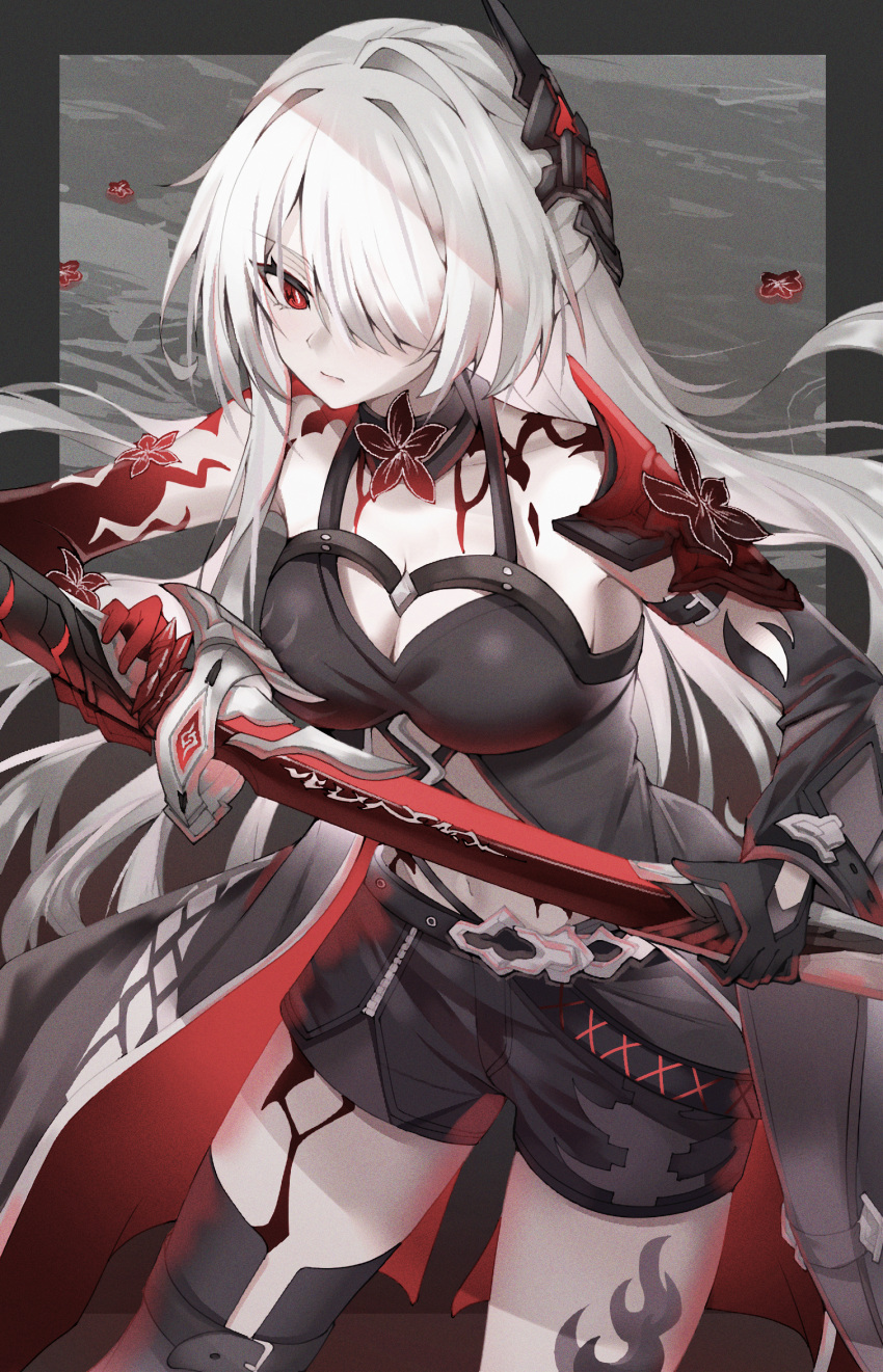 1girl acheron_(honkai:_star_rail) bare_shoulders black_gloves black_shorts breasts cleavage commentary cowboy_shot gloves hair_ornament hair_over_one_eye highres holding holding_sword holding_weapon honkai:_star_rail honkai_(series) katana long_hair looking_at_viewer mellow_kaede official_alternate_color red_eyes short_shorts shorts solo standing sword thighs very_long_hair weapon white_hair