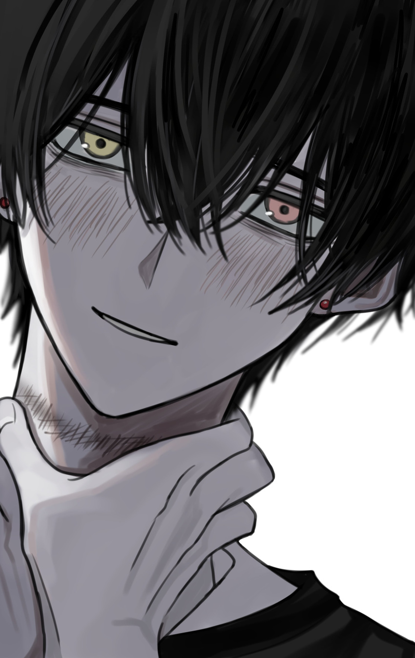 1boy absurdres akanei6no_sora black_hair blush earrings hand_around_neck heterochromia highres jewelry looking_at_viewer male_focus original portrait red_eyes scar scar_on_neck short_hair smile solo stud_earrings yellow_eyes