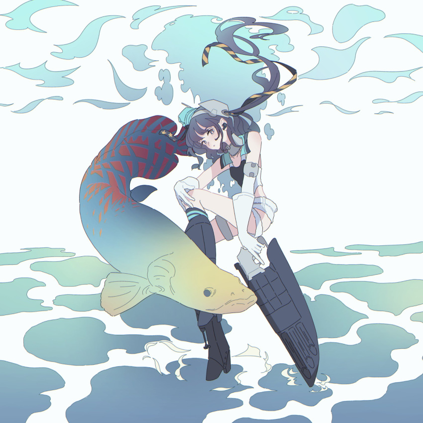 1girl aqua_hat arapaima black_hair breasts earpiece elbow_gloves fish full_body garrison_cap gloves hair_ribbon hat headgear highres kantai_collection long_hair nanakoma one-piece_swimsuit parted_lips ponytail ribbon scamp_(kancolle) short_shorts shorts side_ponytail small_breasts star_(symbol) swimsuit underwater white_gloves white_shorts