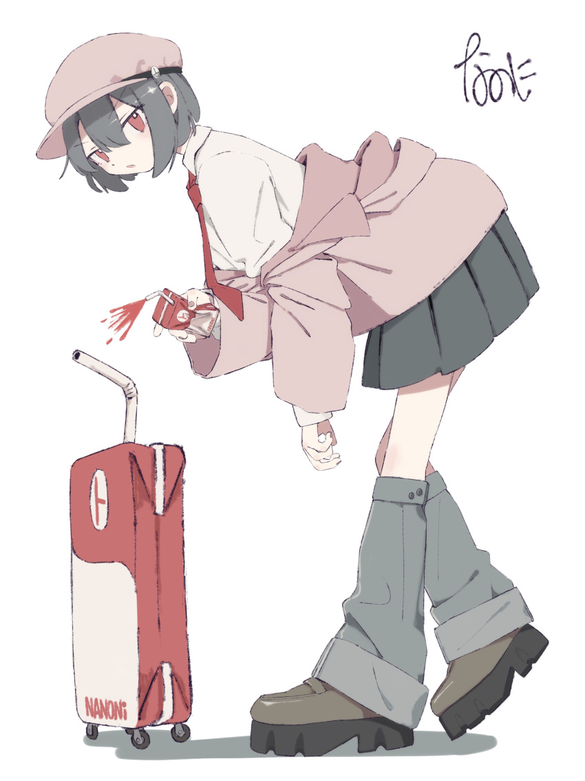 1girl absurdres black_hair from_side full_body hat highres holding jacket juice juice_box leaning_forward leg_warmers long_sleeves looking_at_viewer nanoni! off_shoulder open_mouth original pleated_skirt red_eyes rolling_suitcase shoes short_hair skirt solo suitcase