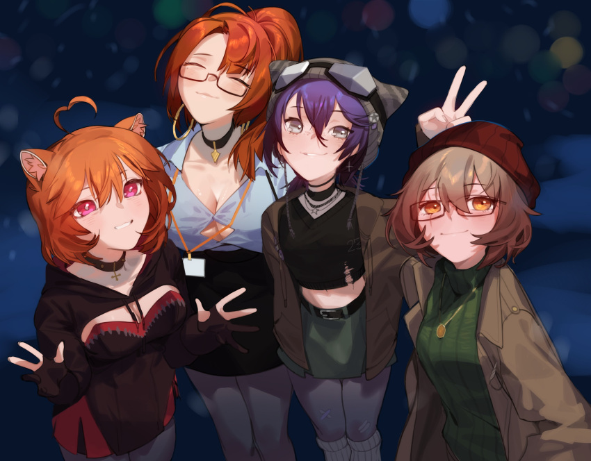 4girls absurdres animal_ear_fluff animal_ears beanie black_choker black_skirt breasts brown_coat brown_hair brown_jacket choker cleavage clio_aite closed_eyes coat crop_top cropped_hoodie earrings eyewear_on_head glasses green_skirt green_sweater grey_eyes hair_between_eyes hanya_(vtuber) hat highres hood hood_down hoodie hoop_earrings indie_virtual_youtuber jacket jean_faymas_(vtuber) jewelry kneehighs mako_fukasame multiple_girls necklace office_lady orange_hair pantyhose pencil_skirt pink_eyes ponytail purple_hair raccoon_ears raccoon_girl raneblu red_hat ribbed_sweater second-party_source shirt skirt socks spiked_choker spikes star_(symbol) star_necklace sweater torn_clothes torn_shirt v virtual_youtuber white_shirt