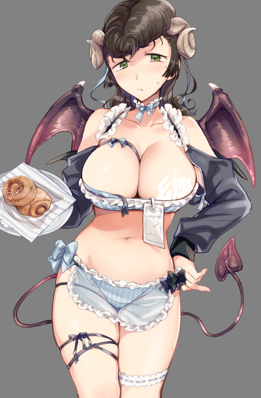 1girl absurdres apron between_breasts bikini blue_apron blue_bikini blue_shrug blush breasts brown_hair cleavage_cutout closed_mouth clothing_cutout commentary cowboy_shot demon_girl demon_horns demon_tail demon_wings dessert food frown girls_und_panzer green_eyes grey_background half-closed_eyes hand_on_own_hip highres holding holding_plate horns koyama_harutarou large_breasts long_hair long_sleeves looking_at_viewer navel plate pompadour simple_background solo standing sweatdrop swimsuit tail thigh_strap waist_apron wings yuri_(girls_und_panzer)