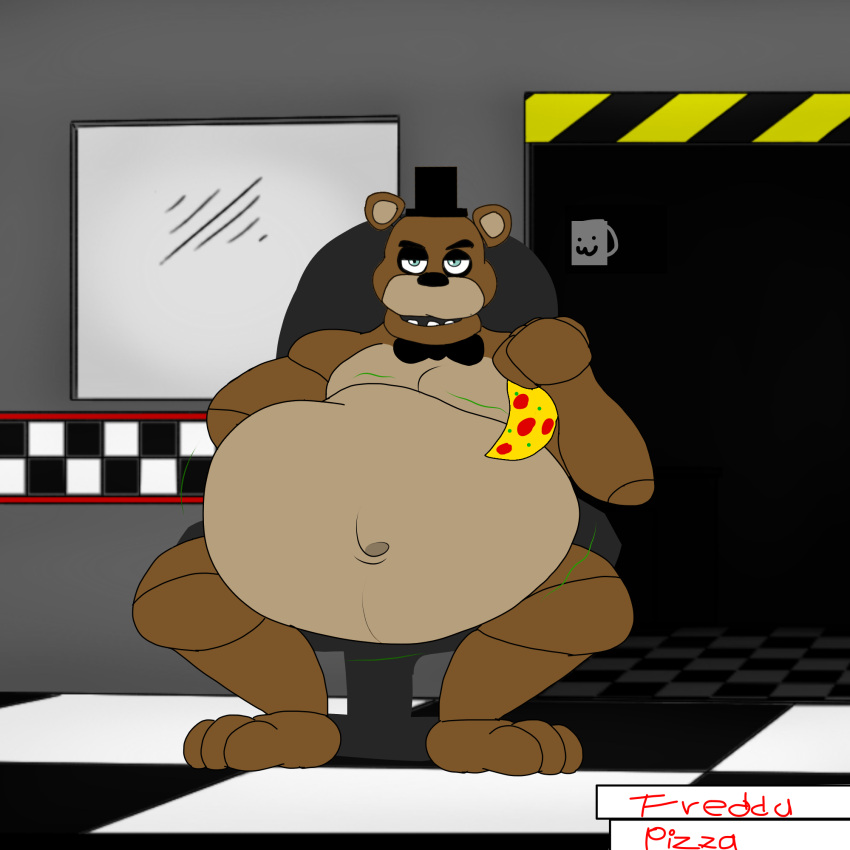 abdominal_bulge alejo_garci animatronic anthro bear belly belly_fur big_belly bulge chair container eating eating_food eyebrows five_nights_at_freddy's food freddy_(fnaf) fur furniture gluttony hi_res machine male mammal navel navel_outline on_chair overweight overweight_male pizza pizza_box pizza_slice raised_eyebrows robot rumbling_stomach scottgames sexy_eyes sitting sitting_on_chair solo