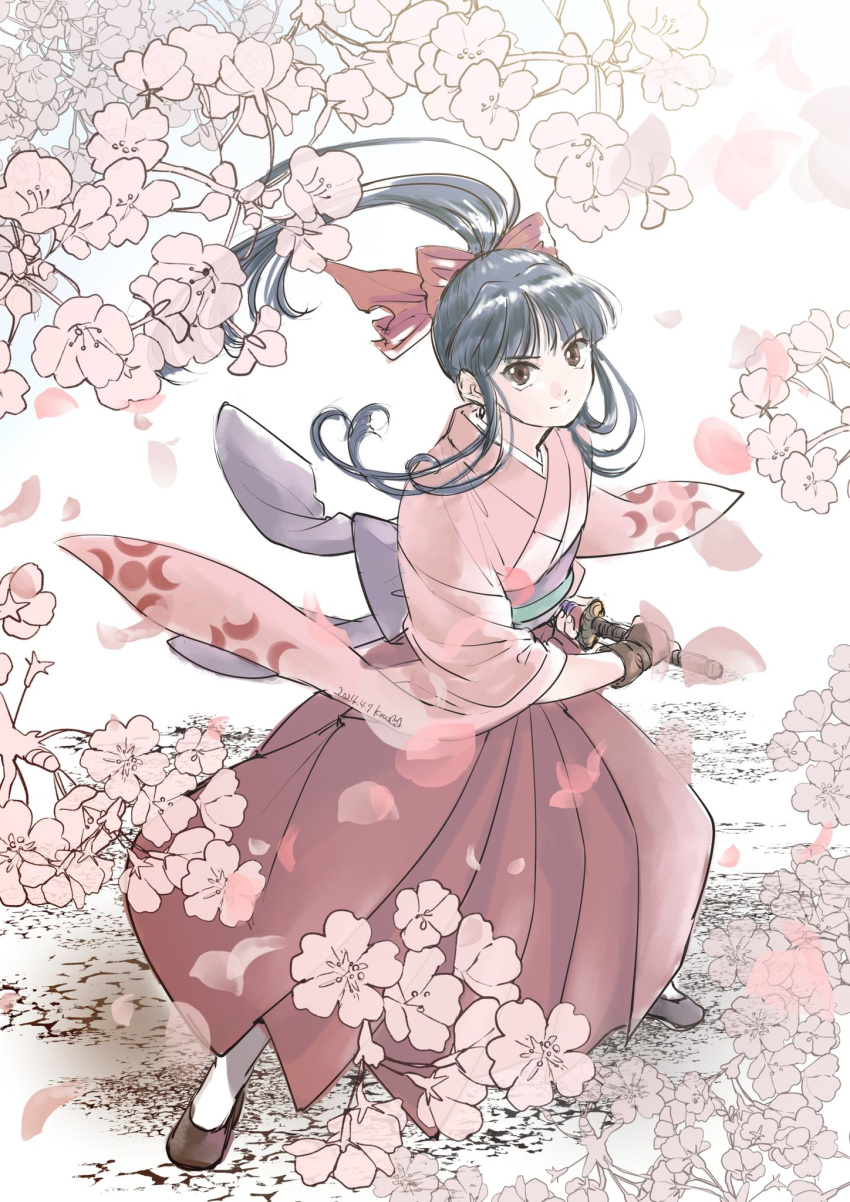 1girl black_hair bow brown_eyes cherry_blossoms commentary_request fingerless_gloves floating_hair gloves hair_bow hakama highres japanese_clothes katana kimono kou_(kounotori69) long_hair looking_at_viewer obi petals pink_kimono ponytail red_bow sakura_taisen sash sheath sheathed shinguuji_sakura smile solo sword weapon wind