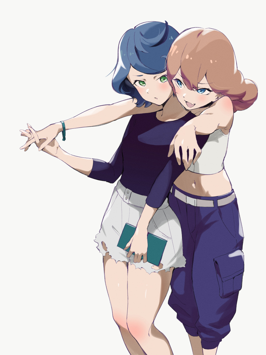 2girls absurdres belt blue_eyes blue_hair blue_pants blue_shirt blush bracelet brown_hair cargo_pants crop_top feet_out_of_frame green_eyes gundam gundam_suisei_no_majo highres holding holding_notebook hug hug_from_behind interlocked_fingers jewelry koiori multiple_girls navel norea_du_noc notebook pants shirt shorts sophie_pulone tank_top torn_clothes torn_shorts white_background white_belt white_shorts white_tank_top yuri