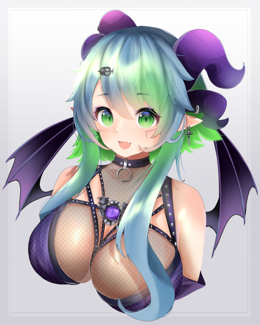 1girl bat_wings blue_hair breasts bsapricot_(vtuber) cleavage cleavage_cutout clothing_cutout colored_inner_hair fang fishnets green_eyes green_hair highres horns jewelry lich me_o_wy medium_breasts multicolored_hair multiple_horns pointy_ears short_hair skin_fang smile solo virtual_youtuber vshojo wings