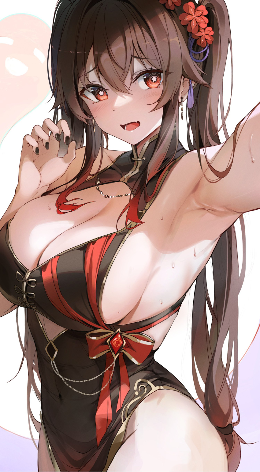1girl absurdres alternate_breast_size alternate_costume armpits black_nails boo_tao_(genshin_impact) breasts cleavage cleavage_cutout clothing_cutout covered_navel earrings fang flower flower-shaped_pupils furizuu20 genshin_impact hand_out_of_frame highres hu_tao_(genshin_impact) jewelry long_hair looking_at_viewer nail_polish outstretched_arms plum_blossoms sideboob skin_fang sweat symbol-shaped_pupils twintails