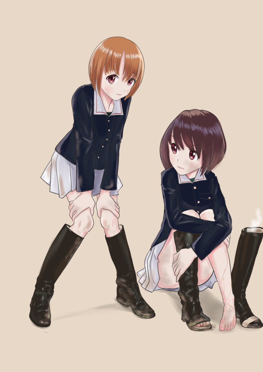 2girls akiyama_yukari bangs barefoot black_footwear blue_jacket boot_removed boots brown_eyes brown_hair closed_mouth dirty dirty_face eyebrows_visible_through_hair girls_und_panzer grey_background hands_on_own_knees highres jacket knee_boots leaning_forward leg_hold long_sleeves looking_at_another looking_at_viewer military military_uniform miniskirt multiple_girls nishizumi_miho no_socks ooarai_military_uniform pleated_skirt school_uniform shimei short_hair simple_background single_boot sitting skirt smile standing steam torn_footwear uniform wet white_skirt