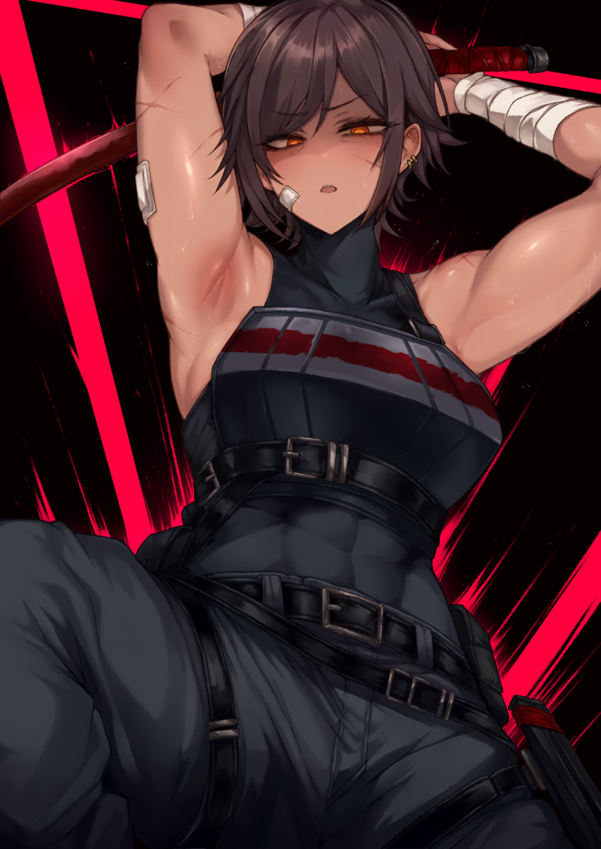 1girl abs armpits arms_up bandages bandaid bandaid_on_arm bandaid_on_face bare_shoulders belt black_background brown_eyes brown_hair dark-skinned_female dark_skin highres holding holding_sword holding_weapon katana leotard limbus_company looking_at_viewer open_mouth outis_(project_moon) project_moon scar scar_on_arm scar_on_face short_hair simple_background sleeveless solo sword teeth toned tresmarrow upper_teeth_only weapon