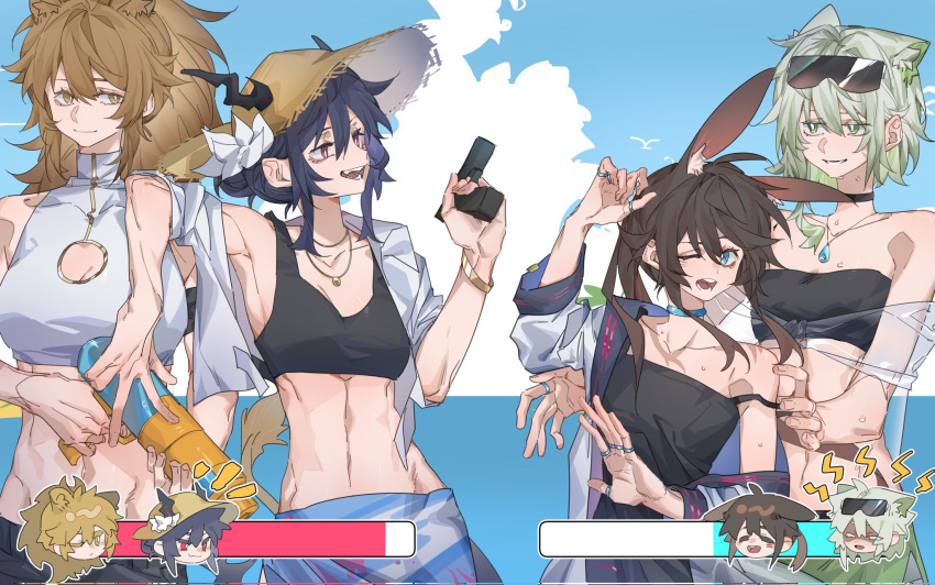4girls abs amiya_(arknights) animal_ear_fluff animal_ears annoyed arknights bare_arms black_bra black_choker black_dress black_sports_bra blonde_hair blue_choker blue_eyes blue_hair blue_sky bra bracelet breasts bright_pupils brown_hair cat_ears ch'en_(arknights) choker cleavage cleavage_cutout closed_eyes clothing_cutout cloud commentary corrupted_twitter_file cropped_shirt dragon_horns dragon_tail dress eyewear_on_head green_eyes green_hair green_skirt gun hat health_bar highres holding holding_gun holding_water_gun holding_weapon horns jewelry kal'tsit_(arknights) lion_ears long_hair midriff molu_stranger multiple_girls multiple_rings necklace notice_lines ocean off_shoulder one_eye_closed open_clothes open_mouth open_shirt outdoors ponytail rabbit_ears red_eyes ring sarong shirt sidelocks siege_(arknights) skirt sky sleeveless sleeveless_shirt smile sports_bra strap_slip straw_hat sun_hat sunglasses tail underwear upper_body water_gun weapon wet white_pupils white_shirt yellow_eyes