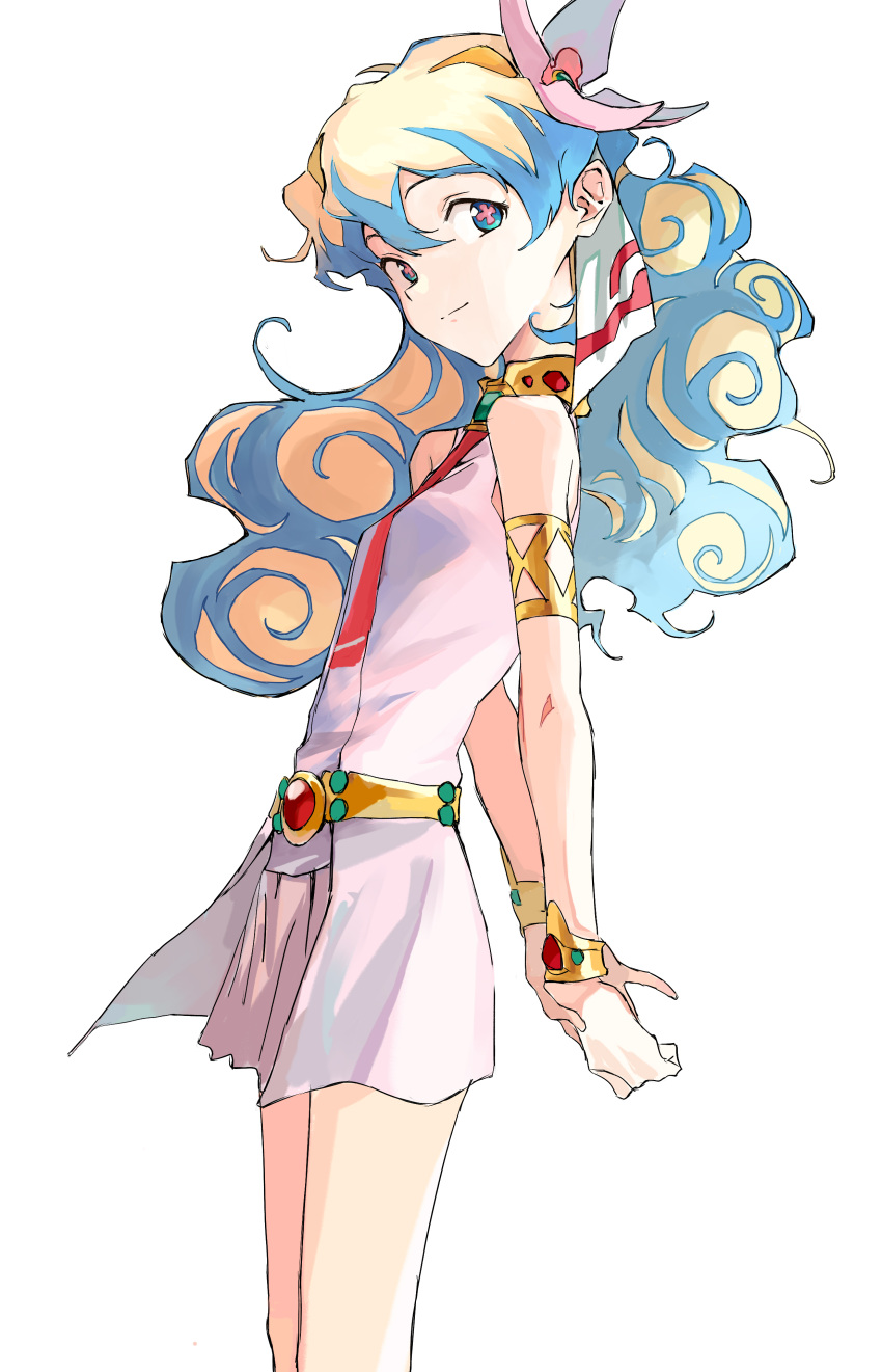 +_+ 1girl absurdres armlet arms_behind_back bare_shoulders blonde_hair blue_eyes blue_hair bracelet closed_mouth commentary dress from_side hair_between_eyes hair_ribbon highres jewelry long_hair looking_at_viewer mou_(piooooon) multicolored_hair necktie nia_teppelin pink_dress pink_skirt red_necktie ribbon skirt skirt_under_dress sleeveless sleeveless_dress smile solo symbol-shaped_pupils tengen_toppa_gurren_lagann two-tone_hair white_background