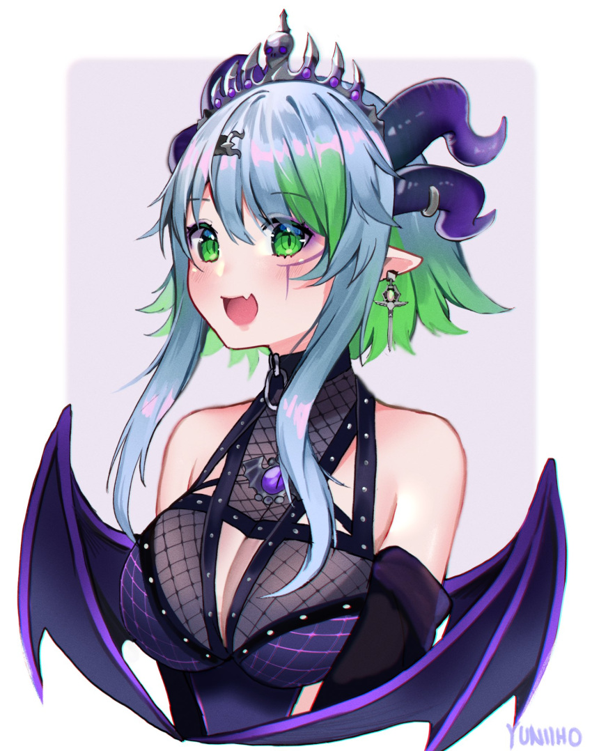 1girl bat_wings blue_hair breasts bsapricot_(vtuber) cleavage cleavage_cutout clothing_cutout colored_inner_hair fang fangs green_eyes green_hair highres horns jewelry lich multicolored_hair multiple_horns skin_fang smile solo tiara virtual_youtuber vshojo wings yuniiho