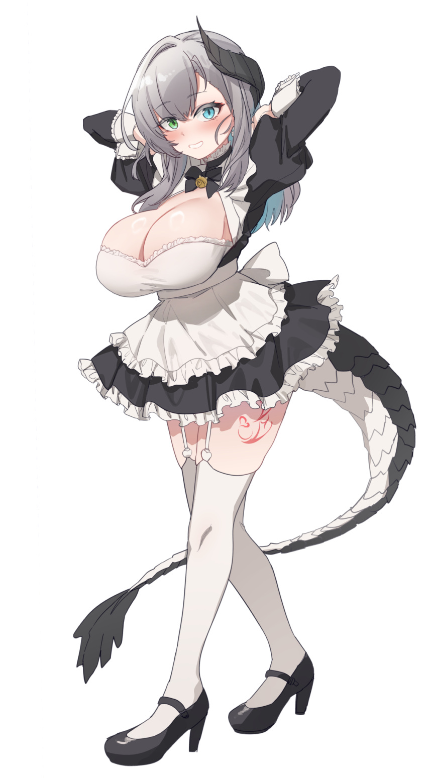 1girl aningay apron arms_behind_head arms_up black_dress black_footwear blue_eyes blue_hair blush breasts cleavage copyright_request dragon_girl dragon_horns dragon_tail dress frilled_apron frilled_dress frills garter_straps green_eyes grey_hair hair_between_eyes heterochromia high_heels highres horns juliet_sleeves large_breasts leg_tattoo long_hair long_sleeves maid multicolored_hair pleated_dress puffy_sleeves shoes simple_background smile solo tail tattoo thighhighs two-tone_hair white_apron white_background white_thighhighs