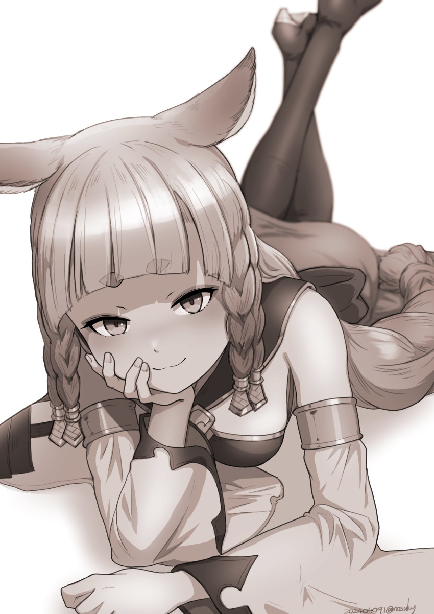 1girl animal_ears armlet bare_shoulders blunt_bangs braid breasts detached_sleeves dress erune eyeliner fox_ears granblue_fantasy greyscale highres long_hair looking_at_viewer lying makeup monochrome nosuku on_stomach pholia short_eyebrows side_braids small_breasts smile solo thighhighs very_long_hair wide_sleeves