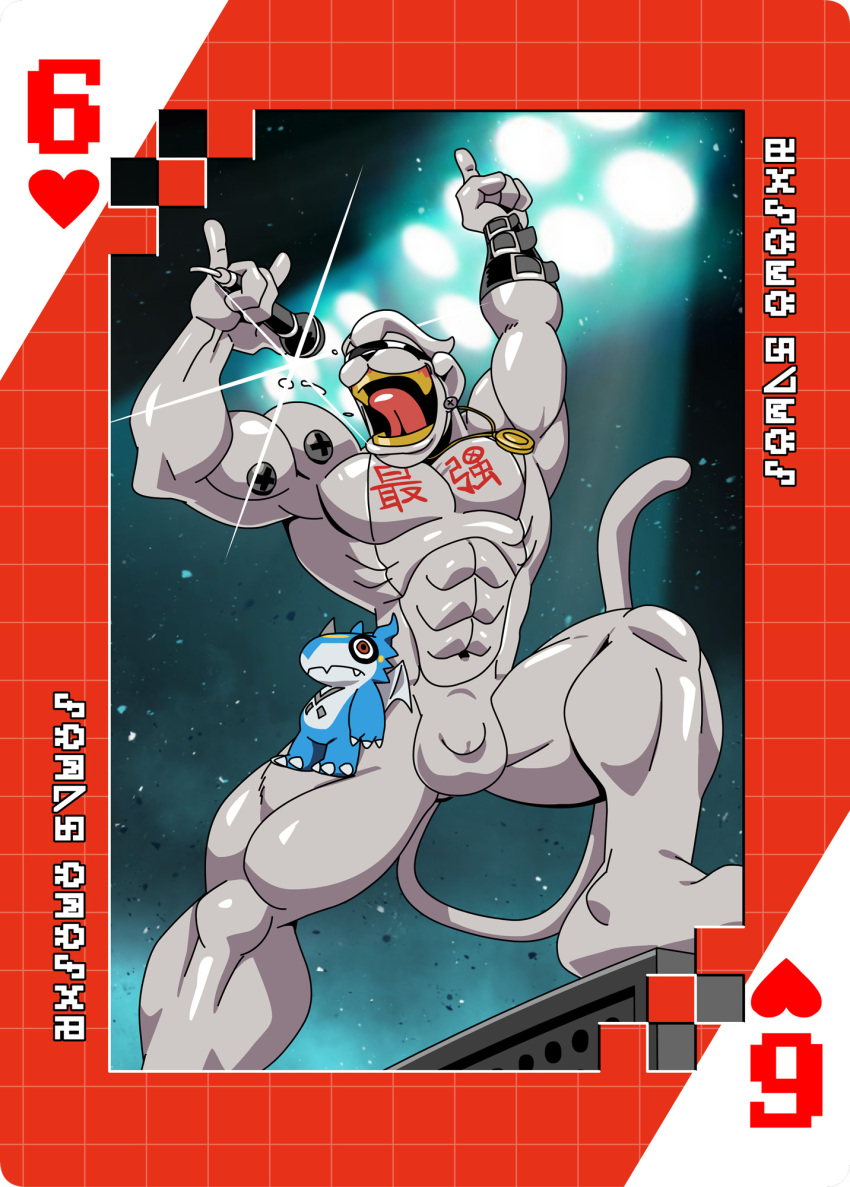 abs anthro bandai_namco card digimoji digimon digimon_(species) electronics eyewear haplorhine hi_res japanese_text male mammal metaletemon microphone monkey muscular muscular_anthro muscular_male null_bulge pecs playing_card primate roaringmoon singing solo suit_symbol sunglasses text