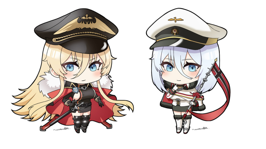 2girls azur_lane banner bismarck_(azur_lane) black_dress black_footwear black_gloves black_hat black_skirt blonde_hair blue_eyes breasts cape chibi closed_mouth dress fur-trimmed_cape fur-trimmed_thighhighs fur_trim gloves grey_hair hair_between_eyes hat long_hair multiple_girls necomilk peaked_cap sheath sheathed sideboob skirt sword thighhighs tirpitz_(azur_lane) very_long_hair weapon white_footwear white_gloves white_hat white_thighhighs