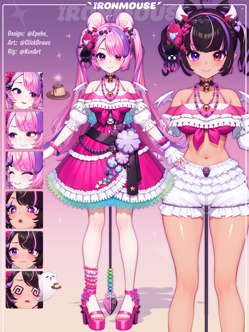 1girl :o @_@ absurdres ahoge alternate_skin_color animal_ear_fluff animal_ears bead_bracelet bead_necklace beads bell black_hair black_ribbon bracelet breasts bubi_(ironmouse) candle character_name choker clickdraws closed_eyes collarbone cone_hair_bun double_bun dress expressions fang food frilled_dress frilled_shorts frills ghost hair_bun hair_ornament head_wings heart heart_ahoge heart_hair_ornament heterochromia high_heels highres horns ironmouse jewelry lace lace_choker midriff mouse_ears multicolored_hair nail_polish navel neck_bell necklace official_alternate_hair_color pink_dress pink_footwear pink_hair pink_nails pink_shirt pudding puffy_short_sleeves puffy_sleeves purple_eyes purple_hair red_eyes red_wings ribbon shadow shirt short_sleeves shorts skin_fang smile sparkling_eyes tan tied_shirt toenail_polish toenails twintails twitter_username two-tone_hair vshojo white_horns white_shorts white_wings wings