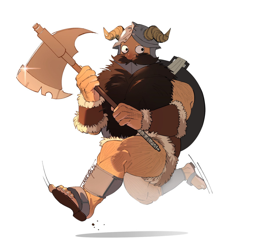 1boy axe back_hair bara beard brown_hair dean_(tatert07s) dungeon_meshi dwarf facial_hair fake_horns full_body hairy hand_hair helmet highres holding holding_axe horned_helmet horns long_beard looking_to_the_side male_focus motion_lines running senshi_(dungeon_meshi) solo thick_leg_hair thick_mustache very_long_beard