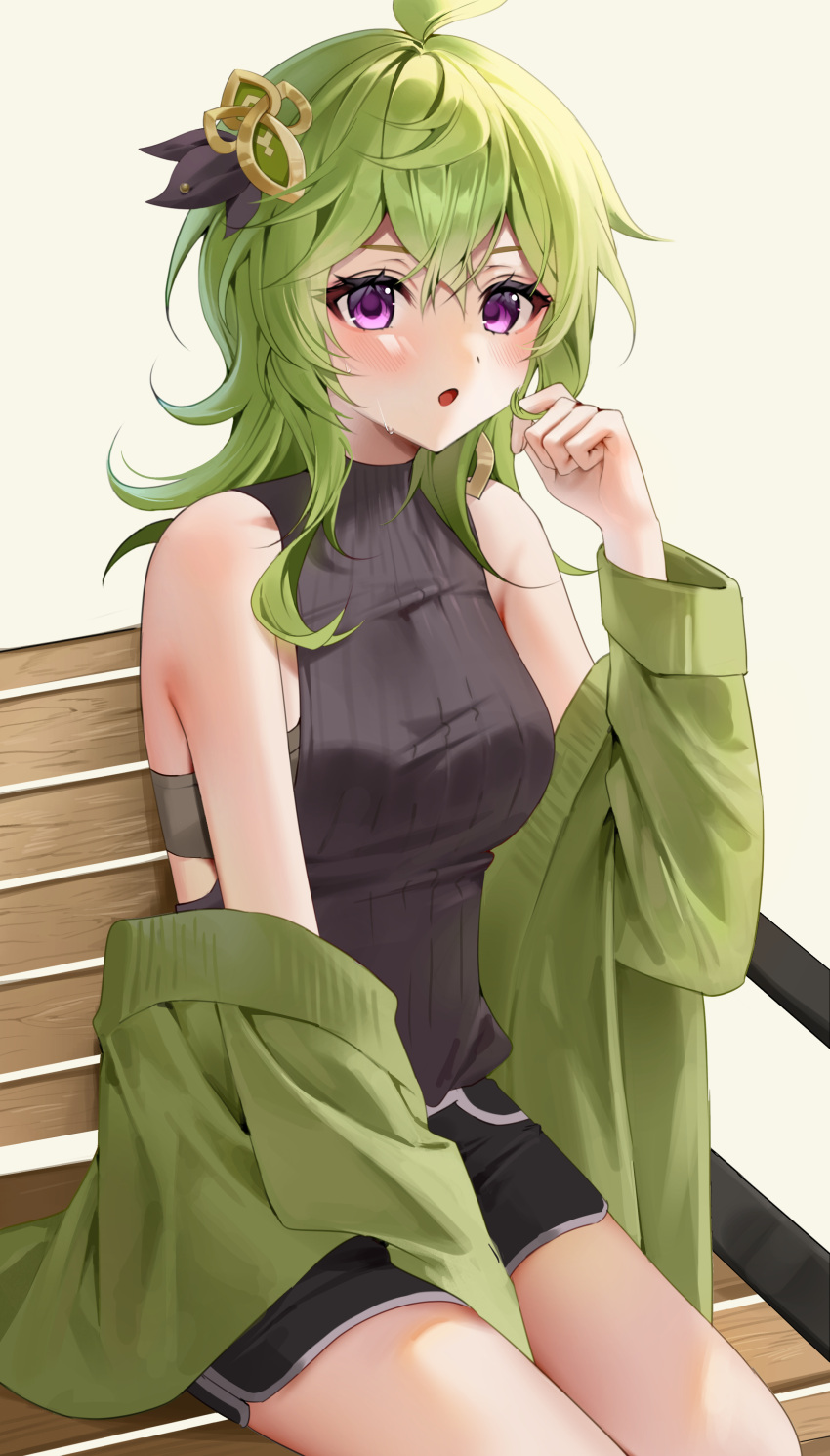 1girl :o absurdres ahoge alternate_costume bandeau bare_shoulders black_shorts blush breasts collei_(genshin_impact) commentary educk genshin_impact green_hair green_jacket hand_up highres jacket long_hair long_sleeves looking_at_viewer medium_breasts open_mouth purple_eyes shorts sitting sleeveless solo thighs