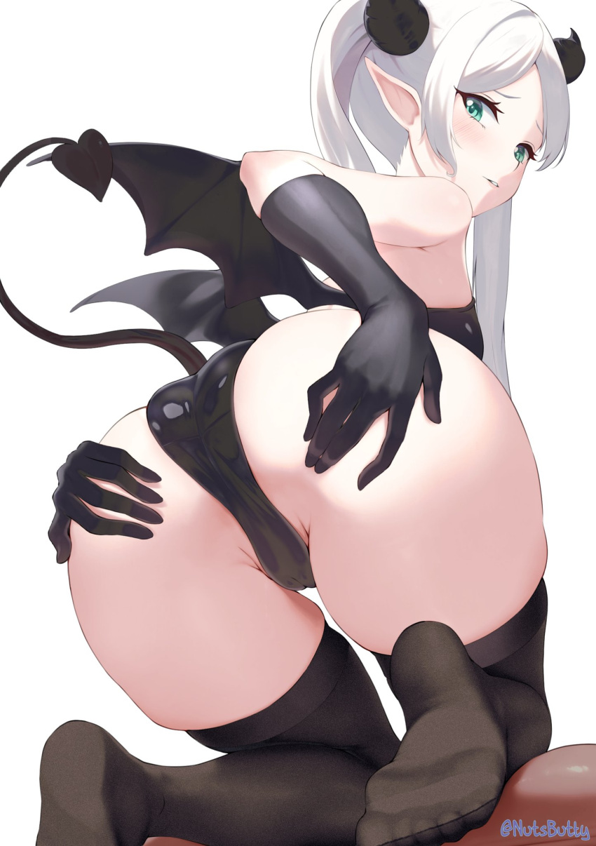 1girl alternate_costume ass bare_shoulders black_gloves black_panties black_thighhighs blush cameltoe demon_horns demon_tail demon_wings elf feet frieren from_behind from_below furrowed_brow gloves green_eyes hands_on_own_ass highres horns kneeling long_hair looking_at_viewer looking_back nutsbutty panties parted_bangs parted_lips pointy_ears skindentation soles solo sousou_no_frieren tail thick_thighs thighhighs thighs toes twintails twitter_username underwear white_hair wings