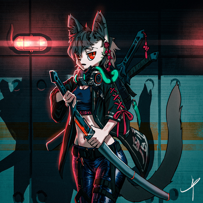 2021 anamorphic_lens_flare anthro asian_clothing backpack belt blaedic bottomwear breasts cheek_tuft cleavage clothed clothing crop_top cyberpunk detailed_background domestic_cat ear_bell ear_piercing east_asian_clothing facial_tuft felid feline felis female female_anthro front_view fully_clothed gas_mask grey_hair hair haori hi_res holding_katana holding_object holding_sword holding_weapon inner_ear_fluff japanese_clothing japanese_text leather leather_bottomwear leather_clothing leather_pants long_tail looking_at_viewer mammal mask melee_weapon midriff navel orange_eyes pants piercing portrait pose pupils red_light samurai shadow shirt slit_pupils solo standing sword sword_on_back tail text three-quarter_portrait tight_bottomwear tight_clothing tight_pants topwear tuft unsheathing_weapon warrior weapon