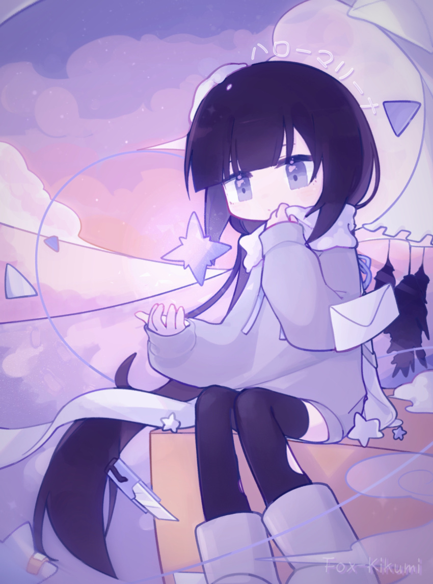 1girl artist_name black_hair black_thighhighs blunt_bangs blush boots box boxcutter closed_mouth cloud commentary english_commentary feet_out_of_frame floating floating_object fox_kikumi grey_eyes grey_sweater hands_up hello_marina_(vocaloid) highres inabakumori long_hair long_scarf long_sleeves looking_at_object no_pants object_floating_above_hand osage_(nukunuku_nigirimeshi) purple_background scarf scarf_pull sitting sitting_on_box snow solo song_name star_(symbol) sweater thighhighs torn_clothes torn_thighhighs very_long_hair white_scarf