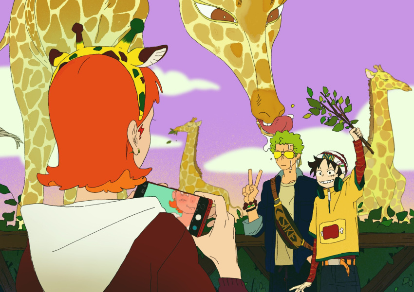 1girl 2boys animal animal_ears arm_up black_hair blue_jacket bracelet branch bush earrings food_print giraffe giraffe_ears green_hair headphones highres holding holding_branch holding_phone jacket jewelry licking lixiangqian medium_hair monkey_d._luffy multiple_boys multiple_earrings nami_(one_piece) one_piece orange_hair outdoors oversized_animal phone roronoa_zoro saliva scar scar_on_face shirt short_hair smile sunglasses v white_shirt yellow_shirt