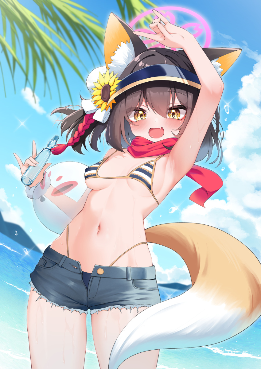 1girl animal_ear_fluff animal_ears arm_up armpits beach bikini black_hair blue_archive blue_shorts blue_sky blush bottle breasts bubble cloud cowboy_shot day denim denim_shorts fang flower fox_ears fox_girl fox_shadow_puppet fox_tail hair_between_eyes hair_flower hair_ornament halo highleg highleg_bikini highres holding holding_bottle izuna_(blue_archive) izuna_(swimsuit)_(blue_archive) looking_at_viewer medium_breasts navel ocean official_alternate_costume open_fly open_mouth outdoors pink_halo pink_scarf ramune scarf short_shorts shorts skin_fang sky smile solo standing string_bikini striped_bikini striped_clothes sunflower sunflower_hair_ornament swimsuit tail visor_cap water wet yellow_eyes yoshie_eneko