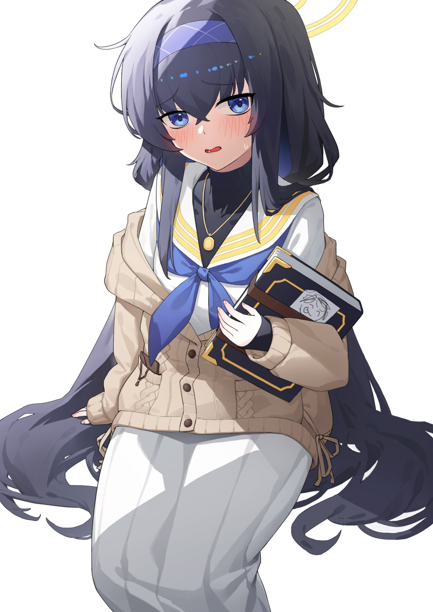 1girl absurdres black_hair blue_archive blue_eyes blue_hairband blue_neckerchief book brown_cardigan cardigan hair_between_eyes hairband halo highres holding holding_book huajitian jewelry long_hair looking_at_viewer neckerchief necklace sailor_collar school_uniform serafuku sitting skirt ui_(blue_archive) very_long_hair white_sailor_collar white_skirt yellow_halo