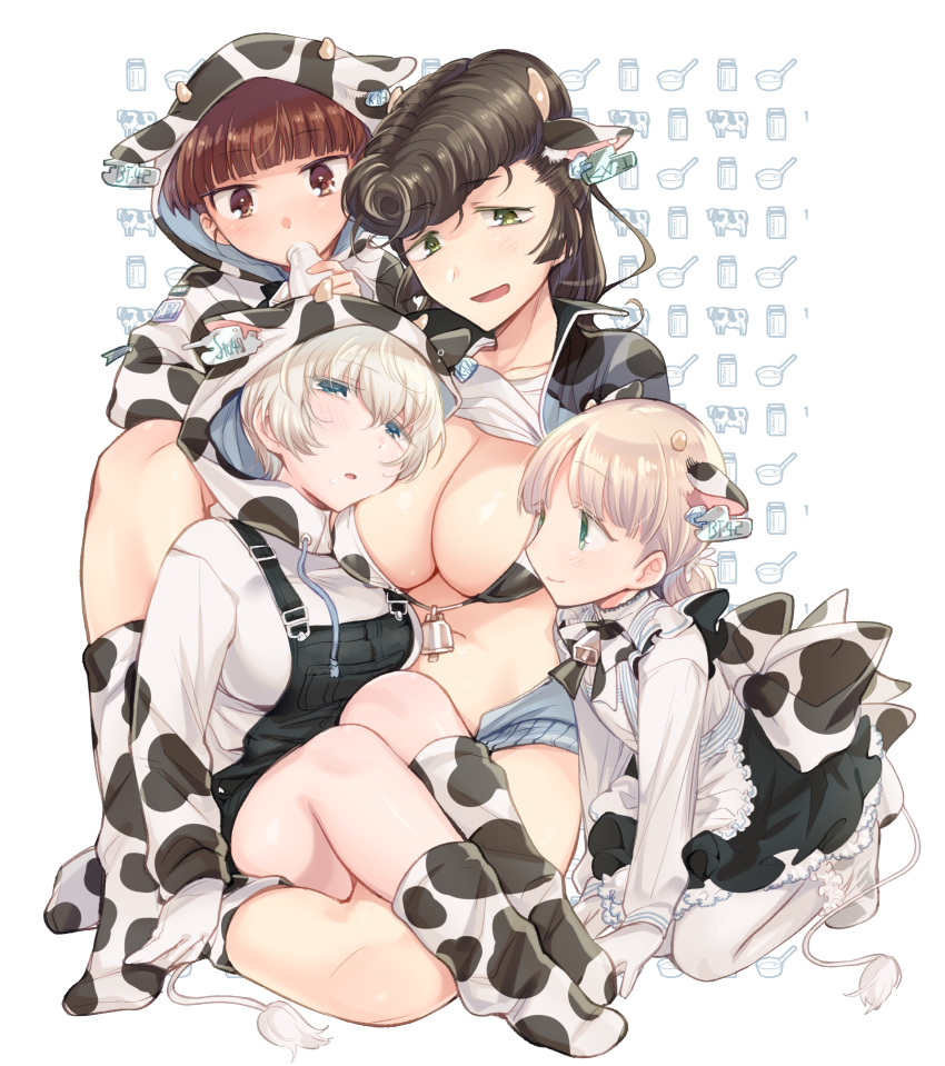 4girls absurdres aki_(girls_und_panzer) animal_ears animal_print apron back_bow bell bikini black_overalls black_skirt blue_jacket blunt_bangs blush bottle bow breasts closed_mouth clothes_lift collared_shirt commentary cow_ears cow_hood cow_horns cow_print cowbell drawstring drinking ear_tag frilled_apron frills girls_und_panzer green_eyes hair_tie half-closed_eyes high-waist_skirt highres hood hood_up hoodie horns jacket keizoku_military_uniform kneeling koyama_harutarou large_breasts leaning_forward light_brown_hair looking_at_viewer low_twintails mikko_(girls_und_panzer) milk_bottle multiple_girls neck_bell no_pants open_clothes open_jacket open_mouth overall_shorts overalls pantyhose pompadour print_bikini print_hoodie print_socks red_eyes red_hair shirt shirt_lift short_hair short_twintails sitting skirt smile socks swimsuit track_jacket twintails white_apron white_hair white_pantyhose white_shirt youko_(girls_und_panzer) yuri_(girls_und_panzer)