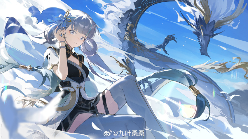 1girl absurdres blue_sky chinese_clothes cleavage_cutout clothing_cutout cloud day dragon earrings grey_eyes hair_ornament hand_on_own_ear highres jewelry jinxi_(wuthering_waves) jiu_ye_sang light_smile long_hair looking_at_viewer mole mole_under_eye pale_color sky thigh_strap thighs white_hair wuthering_waves