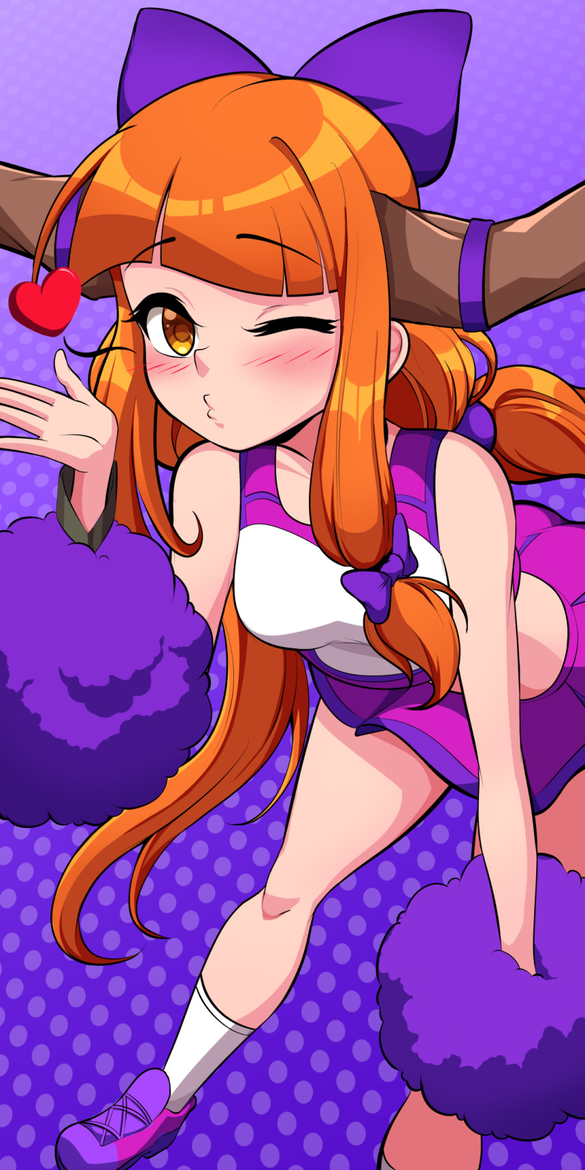 1girl bent_over blunt_bangs blush bmkro bow cheerleader closed_mouth commentary hair_bow heart highres horns ibuki_suika long_hair looking_at_viewer low-tied_long_hair one_eye_closed orange_eyes orange_hair pink_skirt polka_dot polka_dot_background pom_pom_(cheerleading) purple_background purple_bow purple_footwear skirt socks solo symbol-only_commentary touhou very_long_hair white_socks