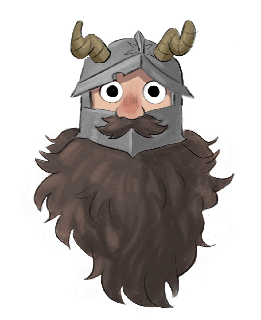 1boy beard blank_stare brown_hair cropped_head dungeon_meshi dwarf empty_eyes facial_hair fake_horns helmet highres horned_helmet horns long_beard looking_at_viewer male_focus red_nose senshi_(dungeon_meshi) solo straight-on thick_mustache very_long_beard white_background woafofbread