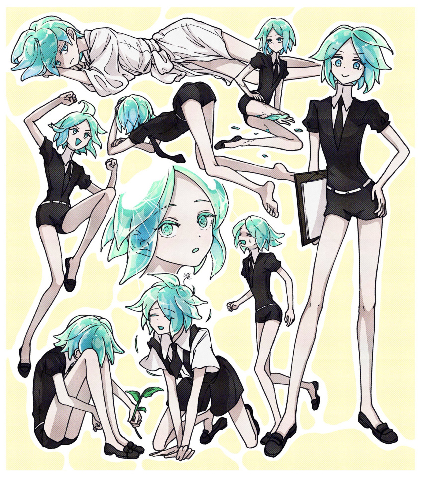 1other :d all_fours amputee androgynous aqua_hair bare_arms bare_legs barefoot black_footwear black_necktie black_shorts clipboard crystal_hair excited facing_away frown gem_uniform_(houseki_no_kuni) highres holding houseki_no_kuni hugging_own_legs itabasami jumping kneeling knees_up looking_at_viewer lying multiple_views necktie on_side open_mouth other_focus own_hands_together phosphophyllite pout puffy_short_sleeves puffy_sleeves robe running sad shards short_hair short_sleeves shorts sitting sleepwear smile smug sprout standing struggling suspender_shorts suspenders top-down_bottom-up translucent_hair white_robe yellow_background yokozuwari