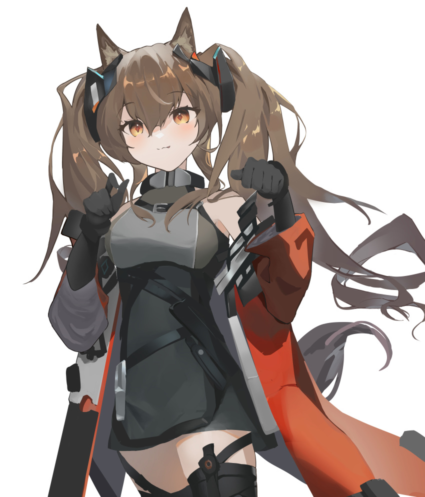 1girl :3 absurdres angelina_(arknights) animal_ears arknights arknights:_endfield bare_shoulders belt black_belt black_dress black_gloves blush breasts brown_hair coat cowboy_shot diamond-shaped_pupils diamond_(shape) dress elbow_gloves fox_ears fox_girl gloves headgear high_belt highres inx0 long_hair medium_breasts no_nose off_shoulder paw_pose red_coat sidelocks simple_background solo split_mouth symbol-shaped_pupils tongue tongue_out twintails white_background