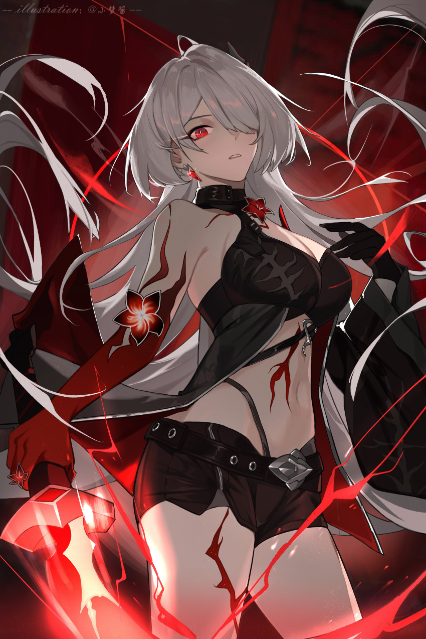 1girl absurdres acheron_(honkai:_star_rail) bare_shoulders black_coat black_gloves black_shorts breasts cleavage coat commentary_request cowboy_shot gloves grey_hair highres honkai:_star_rail honkai_(series) long_hair looking_at_viewer midriff navel official_alternate_color parted_lips red_eyes short_shorts shorts solo standing stomach thighs very_long_hair yume-dream