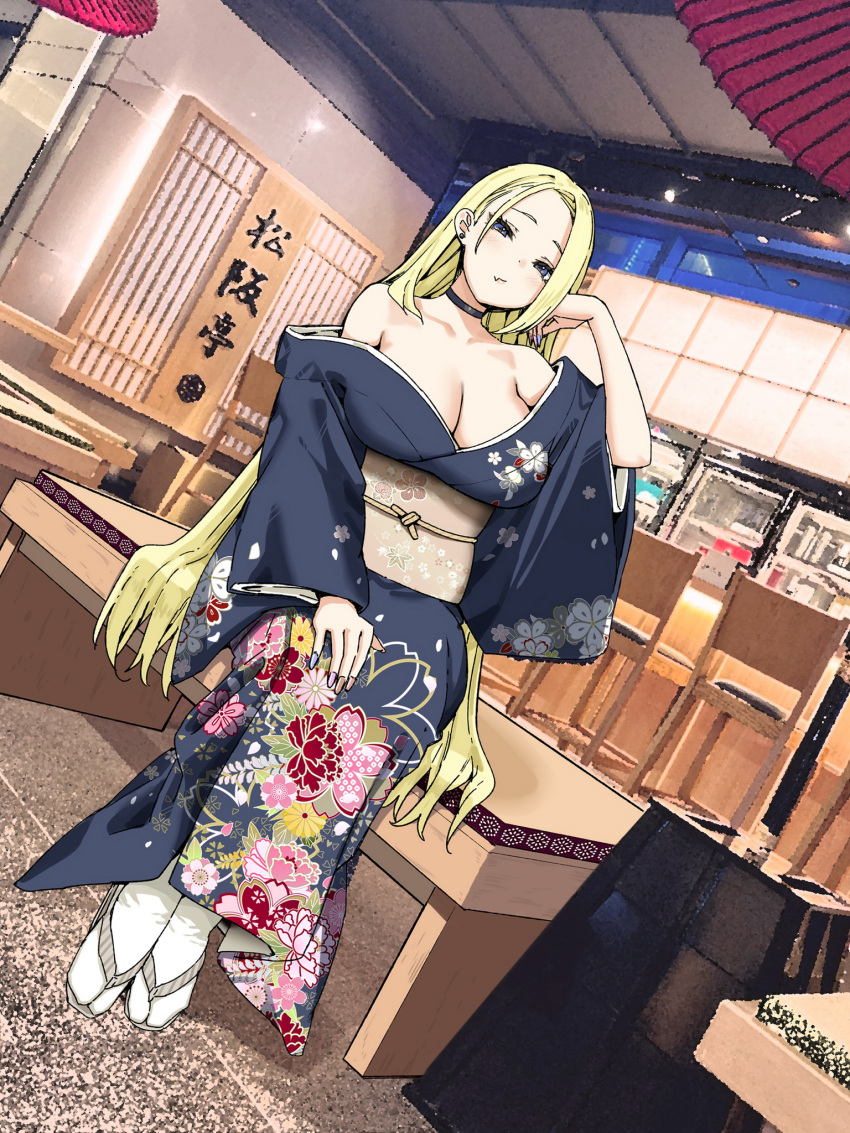 1girl arm_up bare_shoulders blonde_hair blue_eyes blue_kimono breasts cleavage closed_mouth dutch_angle fang hair_behind_ear highres indoors japanese_clothes joshi_kousei_rich_thots kimono large_breasts long_hair looking_at_viewer nail_polish oil-paper_umbrella original rena_(sky-freedom) sitting skin_fang sky-freedom slippers socks solo umbrella white_socks wide_sleeves